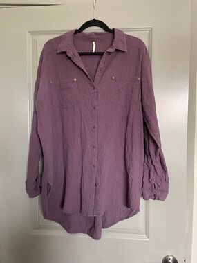 Free People Plum with Pink Checkered Textured Button-Up Tunic